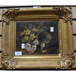 A 19th Century small oil on canvas, a still life of a nest and pansies, signed bottom right, 25 x 20
