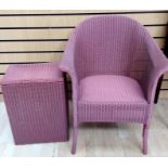 A Lloyd Loom wicker armchair, together with a matching Lloyd Loom lidded laundry basket, both of
