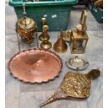 A collection of brassware, including watering can, candlesticks, spirit kettle and others. To