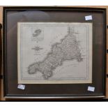 Cornish interest. A framed and glazed print of an old map of Cornwall along with further