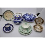 A collection of Victorian ceramics including: blue and white Chinoiserie muffin dish and cover with