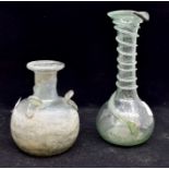 Two Roman glass style scent bottles, in green and rainbow glass, possibly from Asia