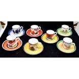 Wedgwood fine bone china, Clarice Cliff limited edition; seven coffee cups and saucers, with