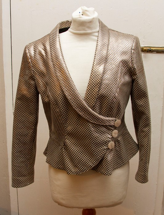 A Gold Armani Hexagonal check evening cocktail jacket with a low rolled collar 3 looped gold buttons