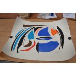 A Robert Jacobsen signed limited edition print, depicting an abstract scene, in blues, red, brown,