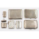 A collection of silver including: three various engine turned cigarette cases - makers to include: