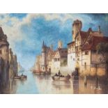 R... Douglas (British, 20th Century), oil painting of a North European river scene, ornate gilt