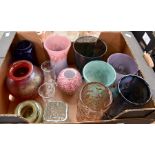 A collection of studio glass including Whitefriars style art glass vases and other glass vases (Q)