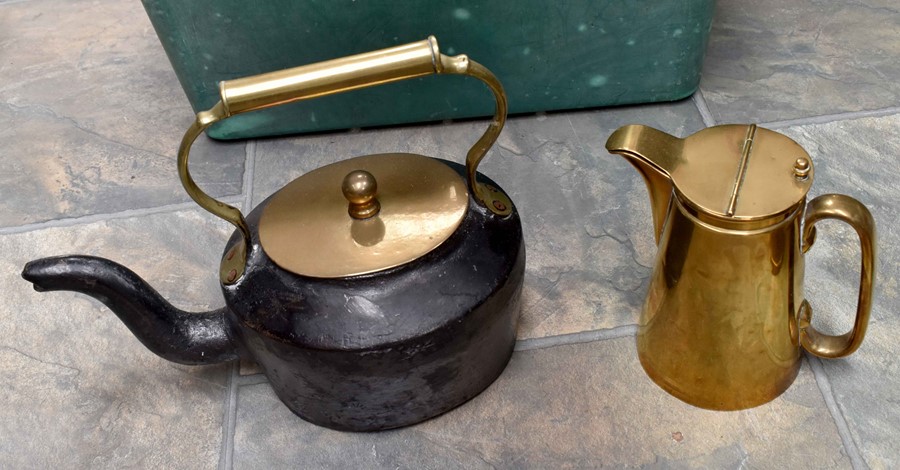 A collection of brassware, including watering can, candlesticks, spirit kettle and others. To - Image 2 of 8