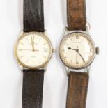 A Longines gents wristwatch, circa 1950's, round dial with number markers, (case corroded), brown