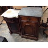 Two Victorian mahogany pot cupboards, each having a marble top, fitted with a single drawer over a