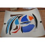 A Robert Jacobsen signed limited print, depicting an abstract scene, in blues, red, brown, orange