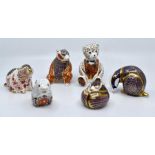Six Royal Crown Derby paperweights in the form of a teddy bear, beaver, badger, two hamsters and a