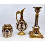 Royal Crown Derby pattern 1128 candlestick, Old Imari ewer and spice jar CR; All with no chips or