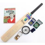 A collection of football and cricket items including bat, medallions, medals, pin dish etc, Bobby
