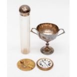 A George V small silver trophy, 2.16ozt; a Victorian silver topped glass jar; part pocket watch (3)