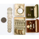 One box containing cufflinks, coins, Pocket watch, spoons.