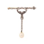 An Edwardian pearl and diamond bar brooch, the bar with millegrain-set rose and eight-cut