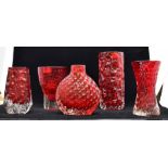 Whitefriars; A collection of 4 Whitefriars vases in Ruby Red comprising 'Coffin' vase height
