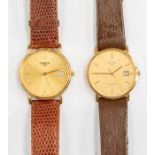 A gents Tissot, round gold tone dial, approx. 30mm, batons and date aperture, brown leather textured