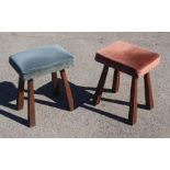 Two early 20th Century oak stools; one having a red seat, the other having a blue seat, each