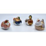 Four Royal Crown Derby paperweights in the for of a duck, pheasant, bird and a hen, gold stoppers