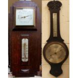 A Victorian oak banjo wall barometer and thermometer and a further Art Deco oak cased wall barometer