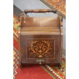 A late Victorian mahogany and satinwood inlaid coal scuttle, the cover sliding upwards, turned