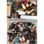 Die cast vehicles: quantity of playworn in two boxes.