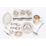 A collection of silver including: Art Nouveau white metal mounted cigarette box, the cover and