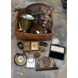 A collection of boxed plated items, brass wares, battery clocks etc (Q)