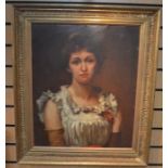 A late 19th Century English School portrait of a lady, 59 x 49 cms approx, in a gilt gesso frame,