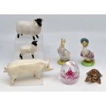 J Beswick pig and two sheep, with Royal Doulton puddle duck, Jemima Puddleduck Wade and Caithness