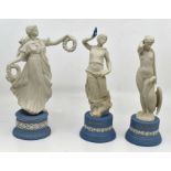Three Wedgwood figurines, Jasper ware pale blue and white Leda and the Swan, Terpsichore etc CR;