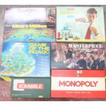 A collection of assorted games to include: Scrabble, Monopoly, AA Game of the Road, Merit Chemistry,