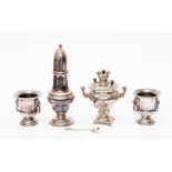A group of silver plate including a large castor, a Russian samovar shaped table lighter, stamped "