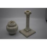 A Royal Worcester creamware Corinthian column candlestick, incised and puce mark together with a