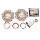 A collection of silver including: pair of bon-bon dishes, pair of napkin rings, three various napkin