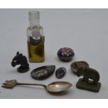 A parcel lot to include bronze Chinese elephant, bronze rat brooch, Cloisonne, silver spoon and