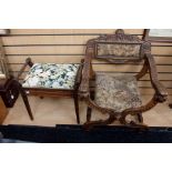 An Edwardian mahogany piano stool, having turned side handles, hinged lid, square supports, together