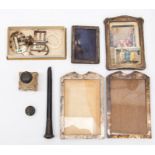 Four silver photo frames, a scent bottle, walking stick top, various dates and makers (AF)