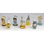A collection of seven Royal Worcester candle snuffers, including Young Girl, Mob Cap, Mrs Caudle, Mr