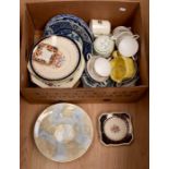 Four boxes of assorted ceramics including figures, Clarice Cliff dish, Dresden cup, Shelley vase,