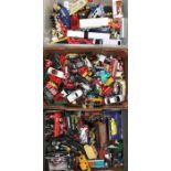 Die cast vehicles, large quantity, playworn in three boxes.