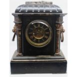 French slate late 19th Century mantle clock, black face, gold trim, Roman numerals, granite trim and