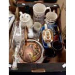 A collection of ceramics, including plates, mugs, glass ships in bottles, Royal Worcester Wren,