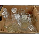 A collection of cut glass decanters, bowls, glasses, vases, mostly 20th Century early to mid