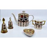 Royal Crown Derby 1128 pattern Old Imari teapot, two handle mug, candle snuffer, table bell, heart