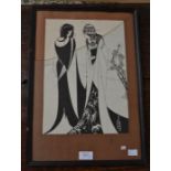 A pair of Aubrey Beardsley prints, framed and glazed, one in need of replacement glass, 35 x 24