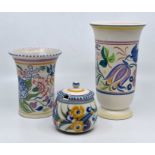 Poole Pottery vases with a Poole Pottery jam/honey pot all signed to base. Condition: Minor chip
